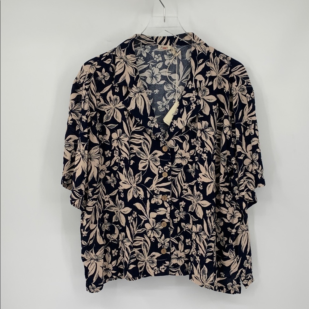 Faherty Cabana Camp Hawaiian shirt navy blue floral top blouse tan button new XL